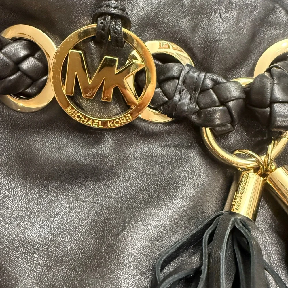 Michael Kors Black Leather Braided Hobo Shoulder Bag Gold Hardware Tassel Large